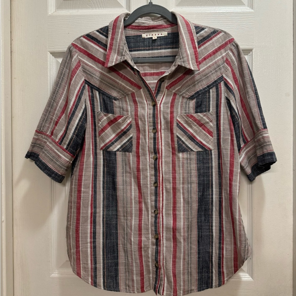 Xirena Weslyn Shirt Button Front Short Sleeves Striped Atlas Size Large